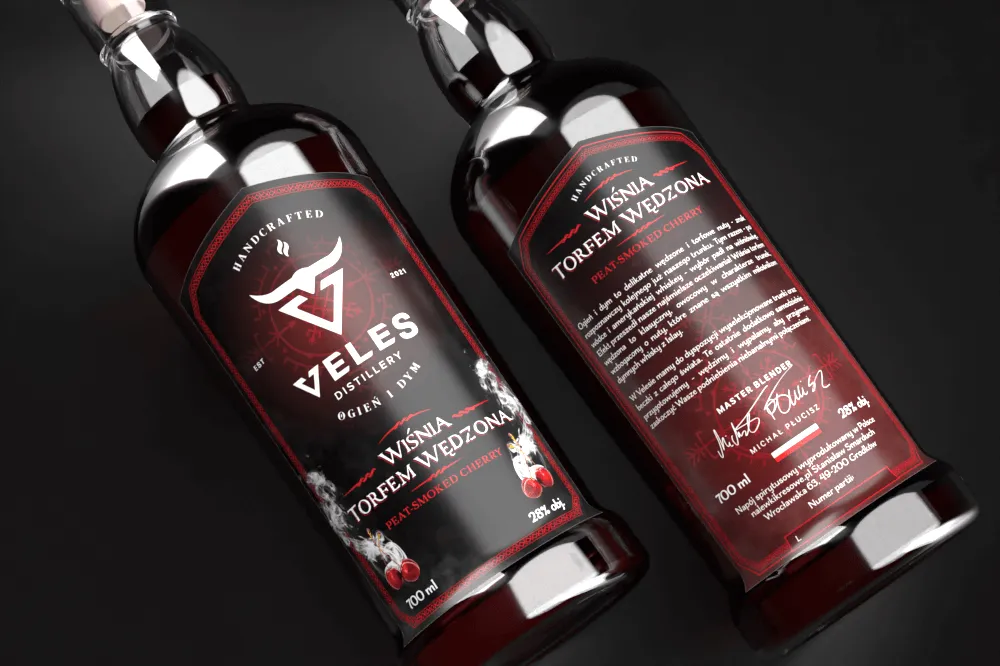 Wizualizacja etykiety dla Wiśni Torfem wędzonej marki Veles